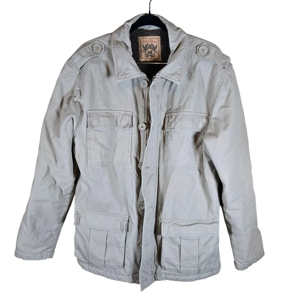 Red Camel Mens Sherpa‎ Lined Utility Jacket Tan Military Style Button Zip Size M